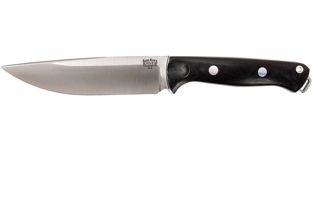 Bark River Bravo Vortex A2 Jimped, Black Canvas Micarta, Funda Marrón 3 Bark River Bravo Vortex A2 Jimped, Black Canvas Micarta, Funda Marrón