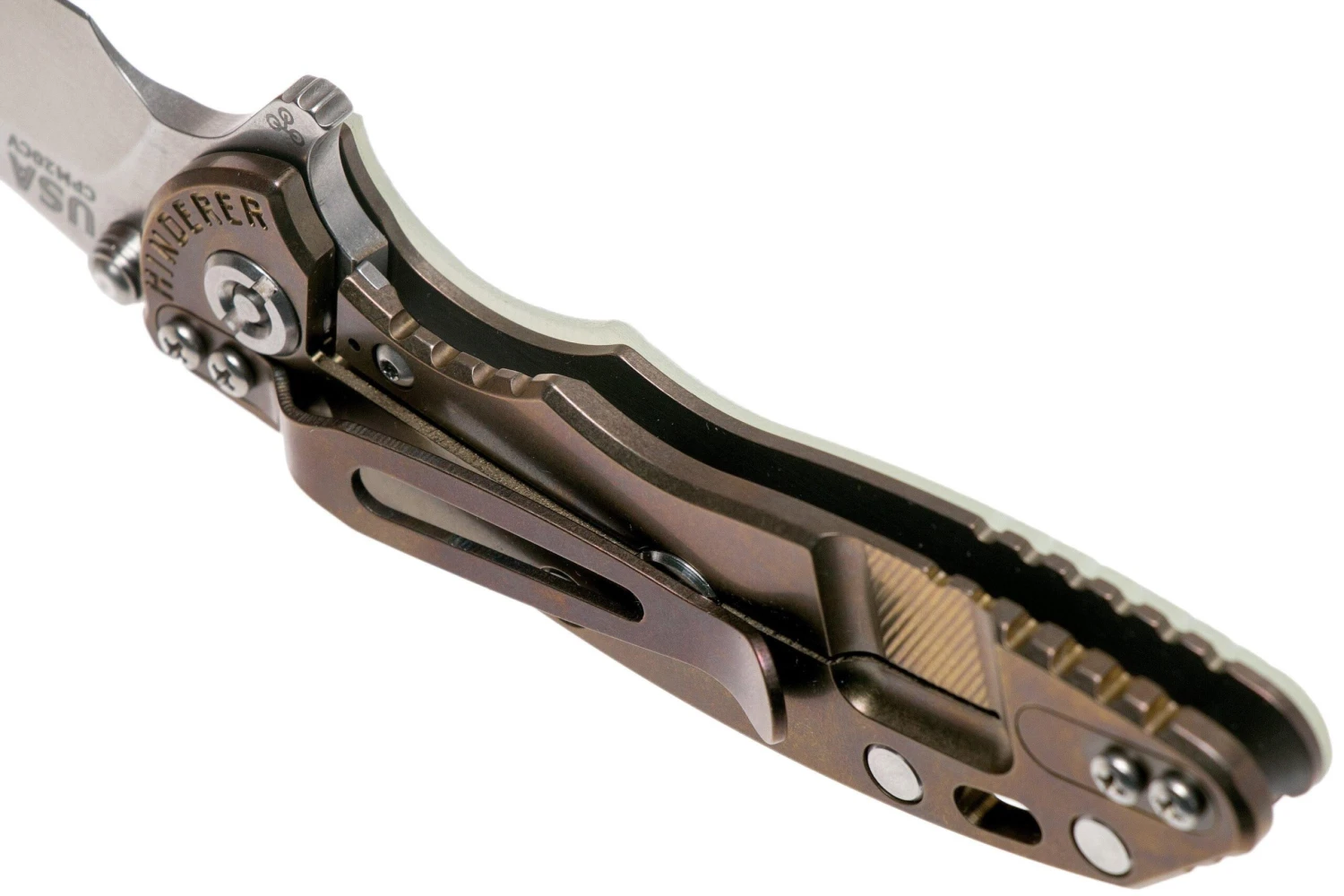 Rick Hinderer XM18 3” Wharncliffe CPM 20CV Stonewash, Bronze, Translucent G10, Navaja 7 Rick Hinderer XM18 3” Wharncliffe CPM 20CV Stonewash, Bronze, Translucent G10, Navaja - Imagen 5